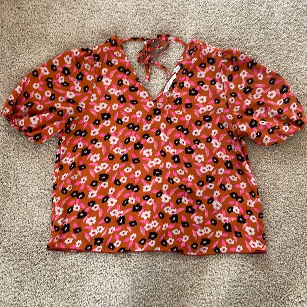 Tie back puffy sleeve polyester orange floral blouse purchased from ASOS
